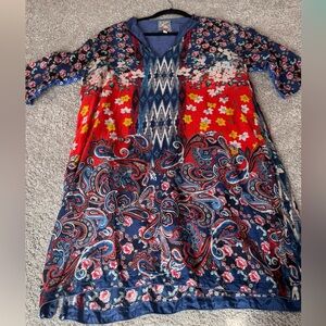 Johnny Was Blue and Red silk dress